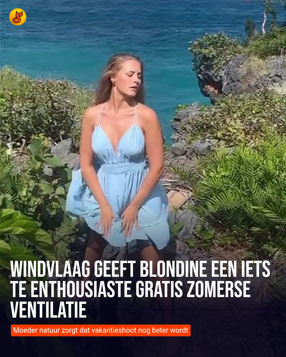 Windvlaag geeft blondine een iets te enthousiaste gratis zomerse ventilatie