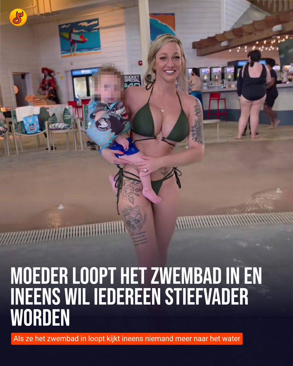 Moeder loopt het zwembad in en ineens wil iedereen stiefvader worden