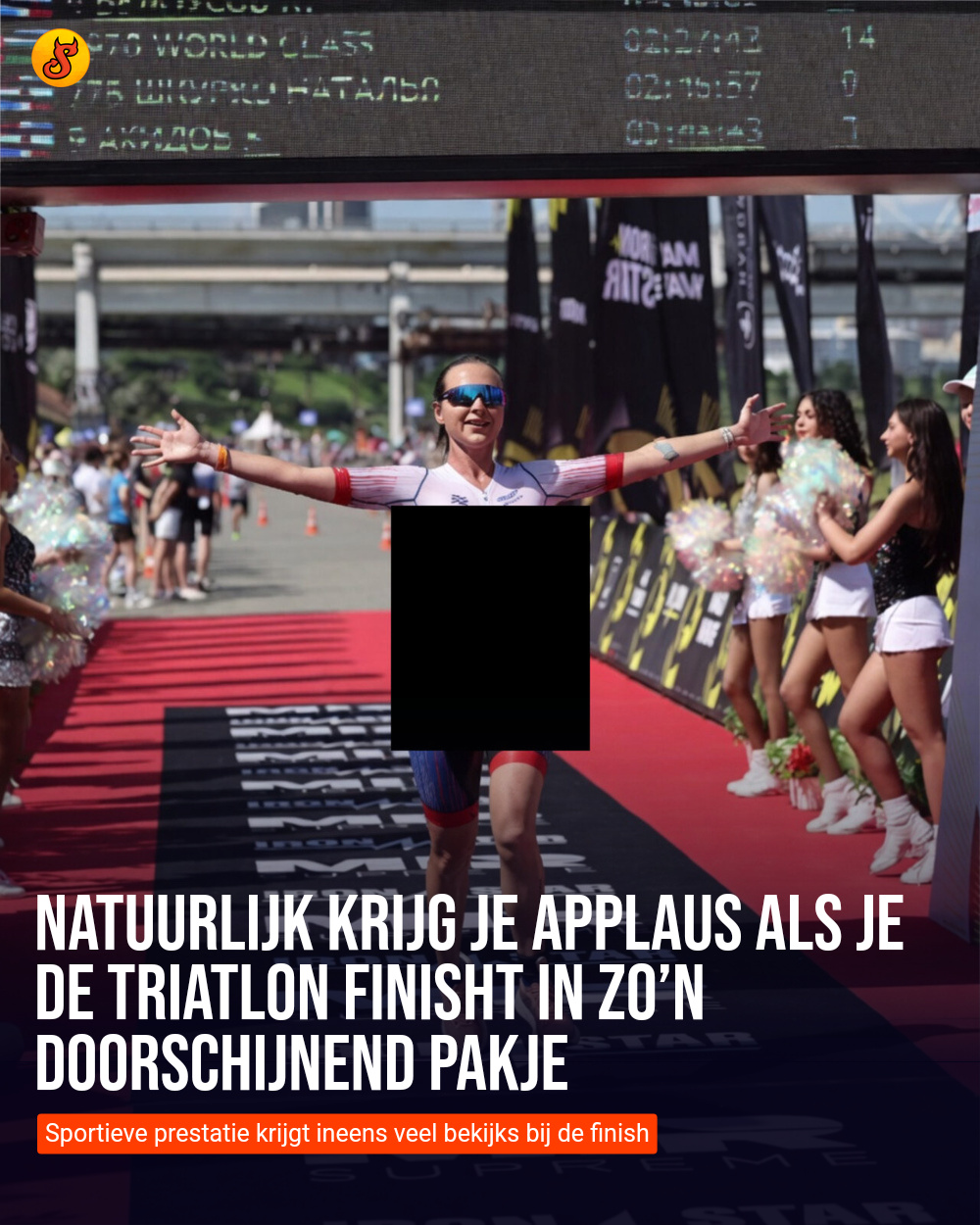 Natuurlijk krijg je applaus als je de triatlon finisht in zo’n doorschijnend pakje