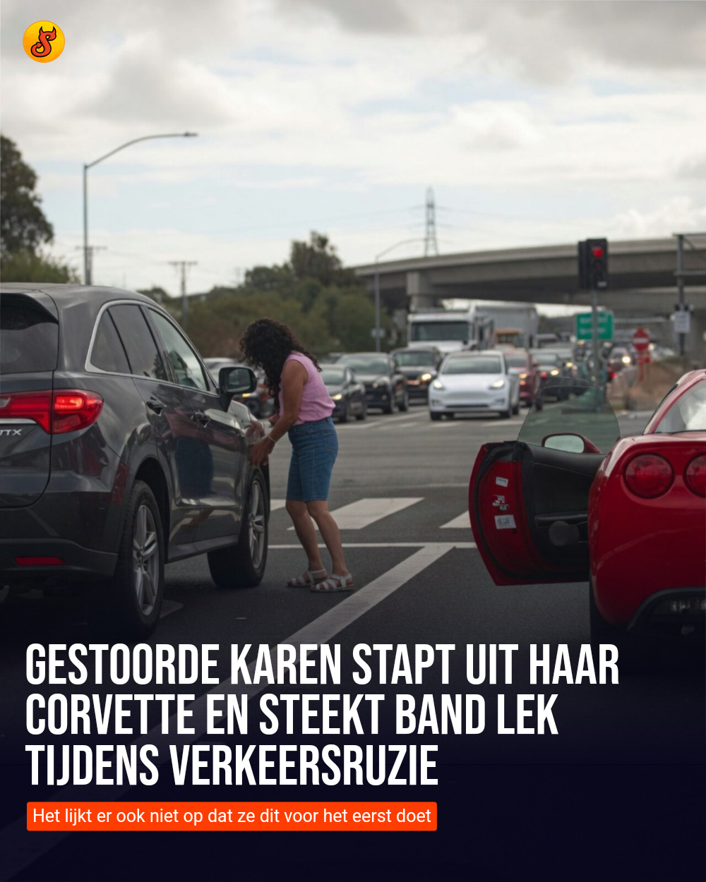 Gestoorde Karen stapt uit haar Corvette en steekt band lek tijdens verkeersruzie