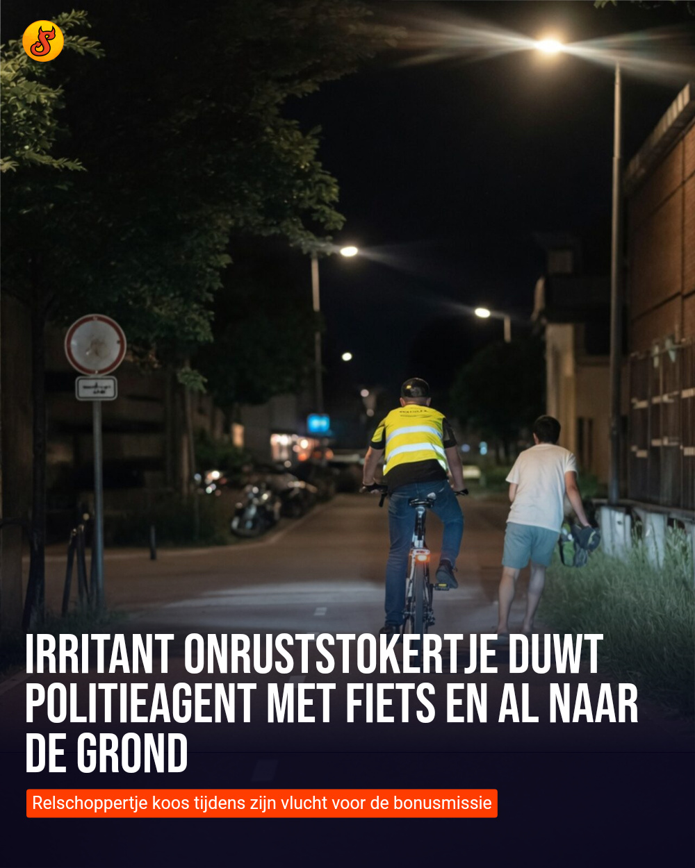 Irritant onruststokertje duwt politieagent met fiets en al naar de grond