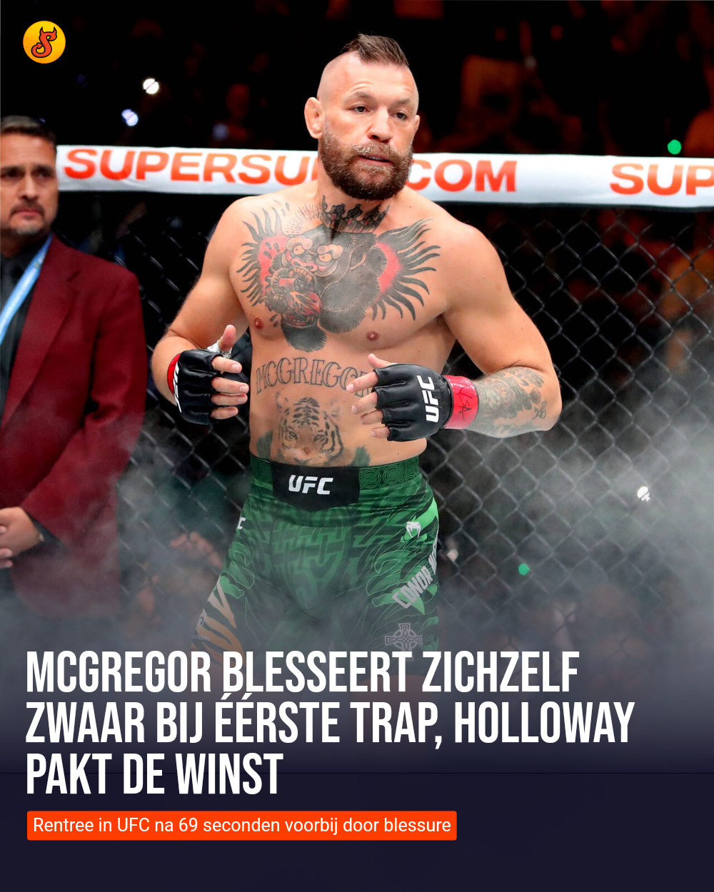 McGregor blesseert zichzelf zwaar bij éérste trap, Holloway pakt de winst