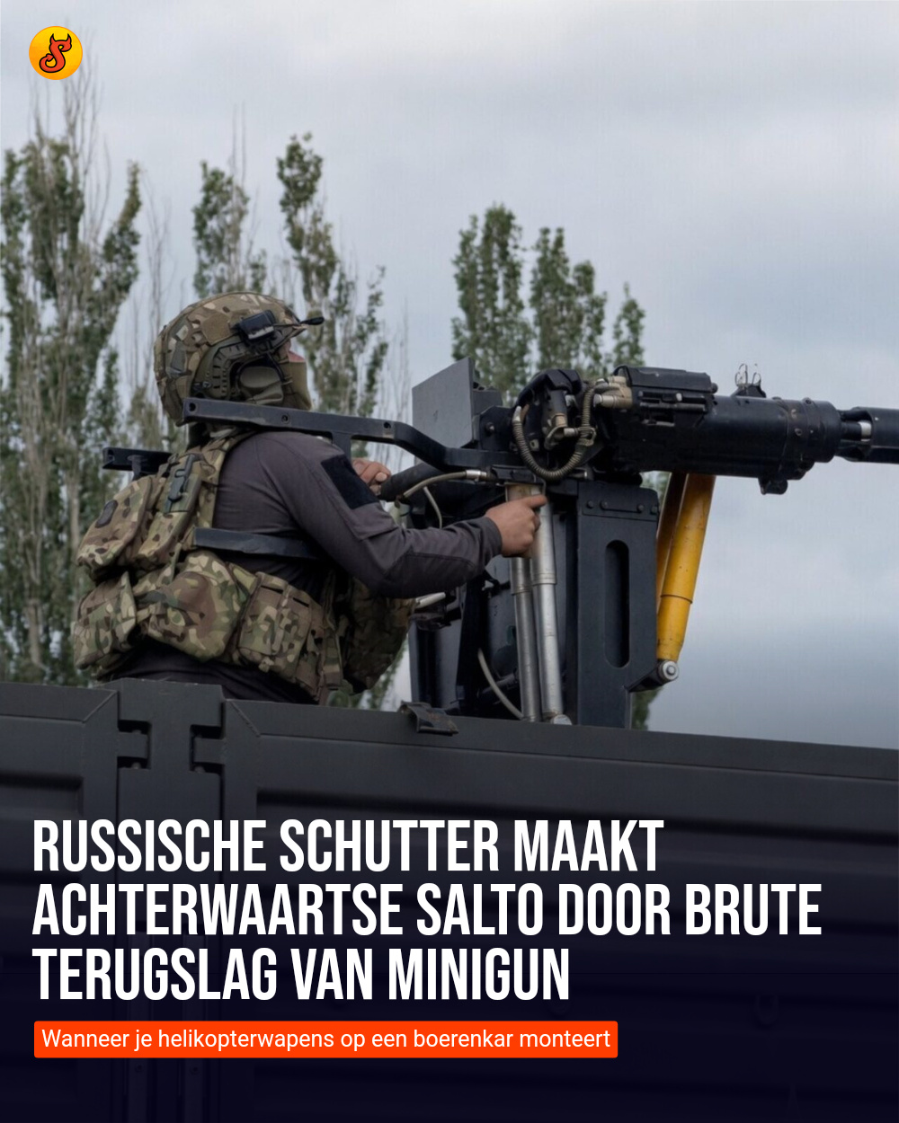 Russische schutter maakt achterwaartse salto door brute terugslag van minigun