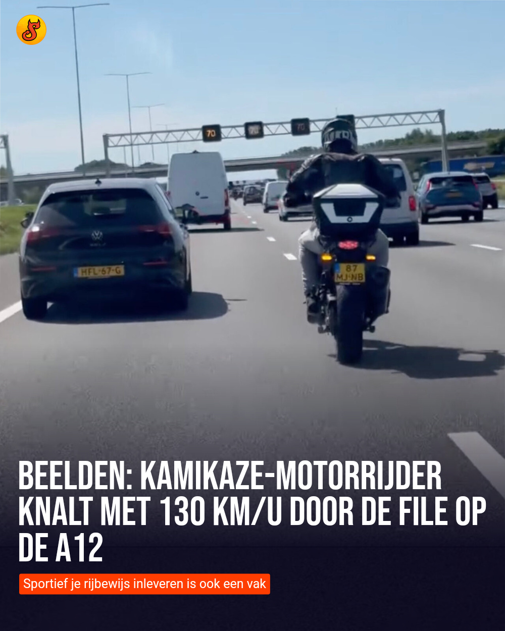 Beelden: Kamikaze-motorrijder knalt met 130 km/u door de file op de A12
