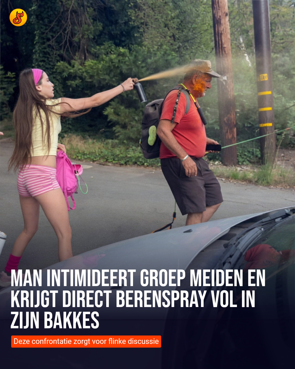 Man intimideert groep meiden en krijgt direct berenspray vol in zijn bakkes