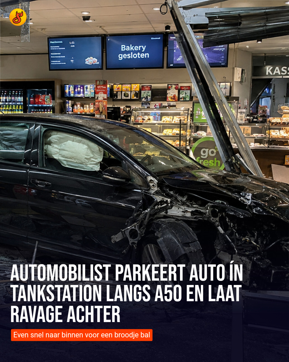 Automobilist parkeert auto ín tankstation langs A50 en laat ravage achter