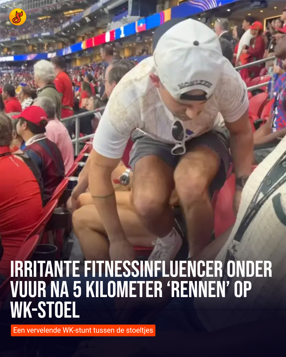 Irritante fitnessinfluencer onder vuur na 5 kilometer ‘rennen’ op WK-stoel