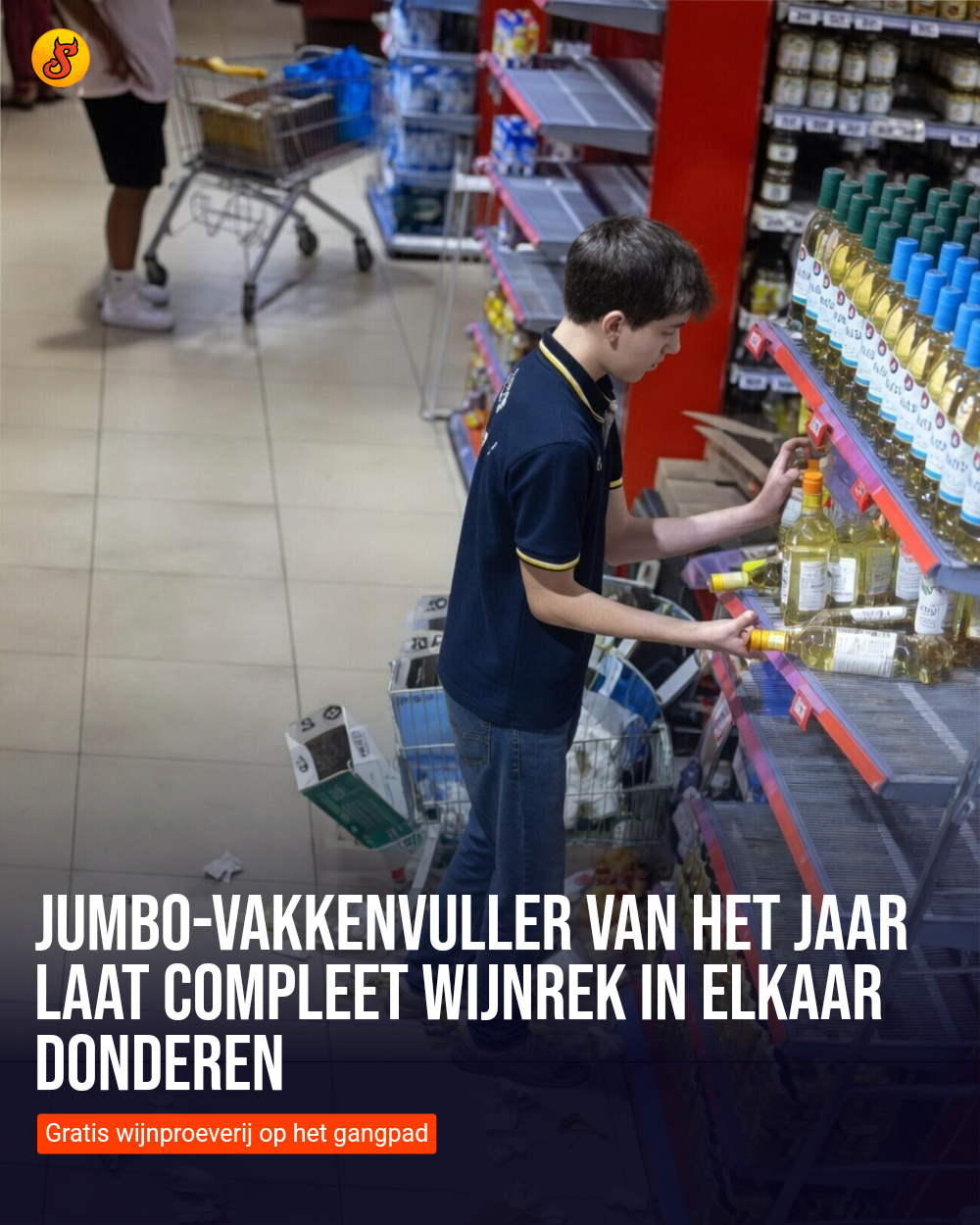 Jumbo-vakkenvuller van het jaar laat compleet wijnrek in elkaar donderen