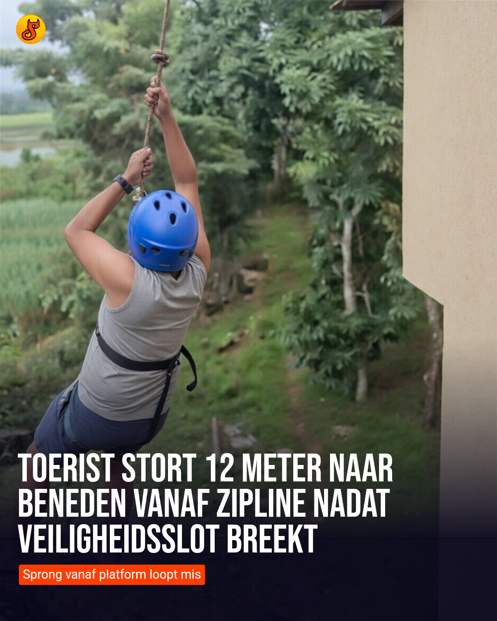 Toerist stort 12 meter naar beneden vanaf zipline nadat veiligheidsslot breekt