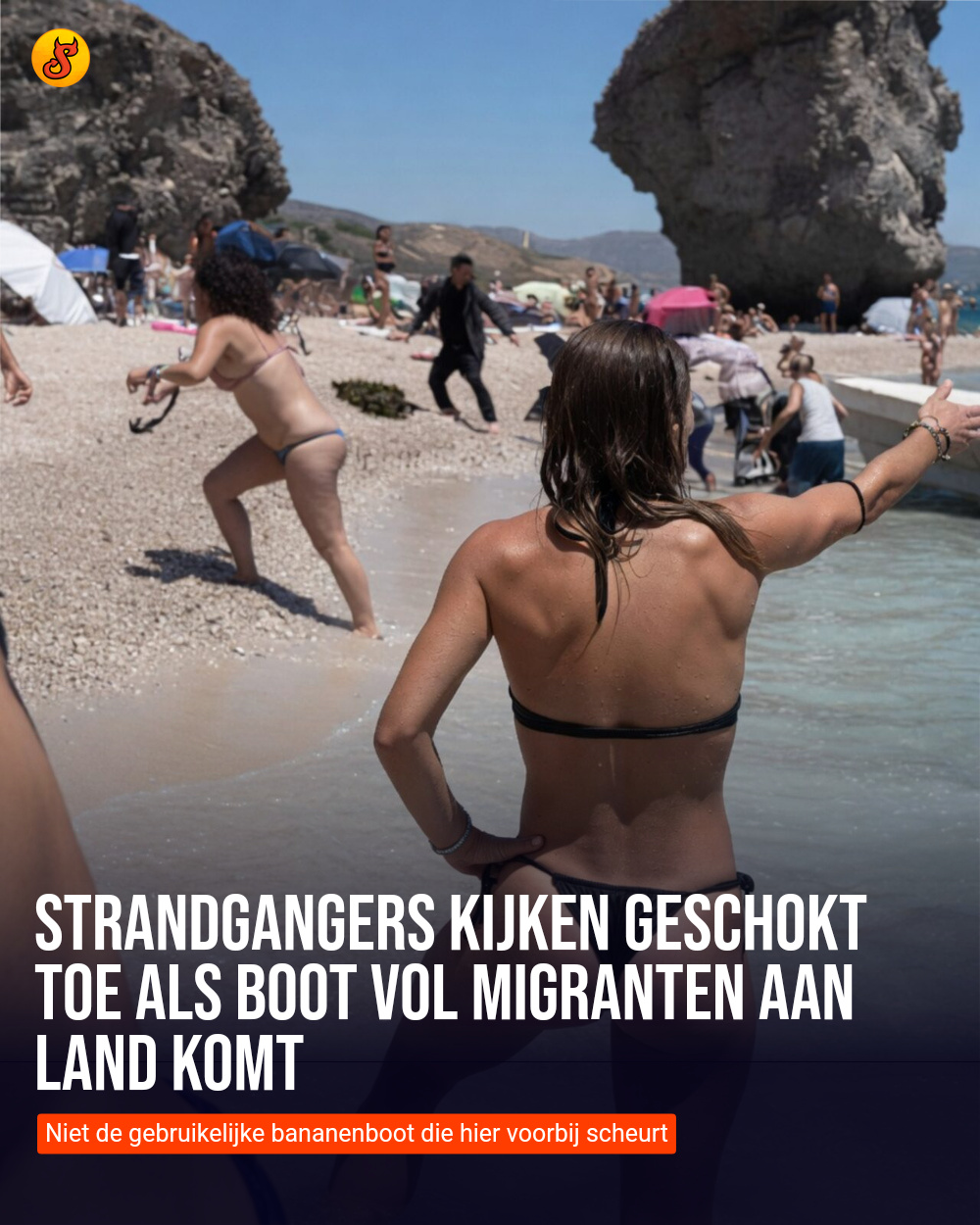 Strandgangers kijken geschokt toe als boot vol migranten aan land komt