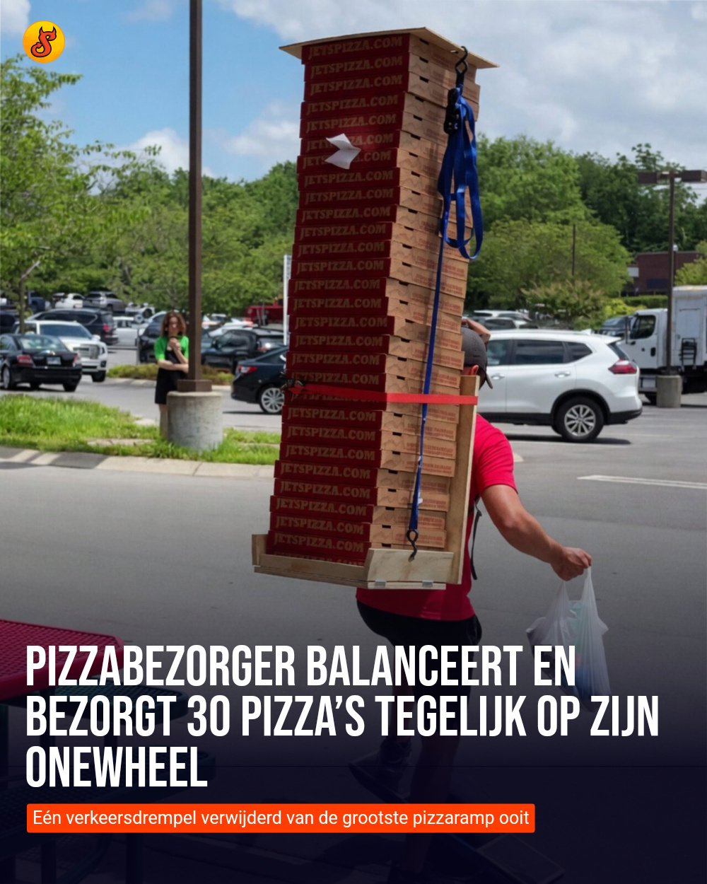 Pizzabezorger balanceert en bezorgt 30 pizza’s tegelijk op zijn Onewheel