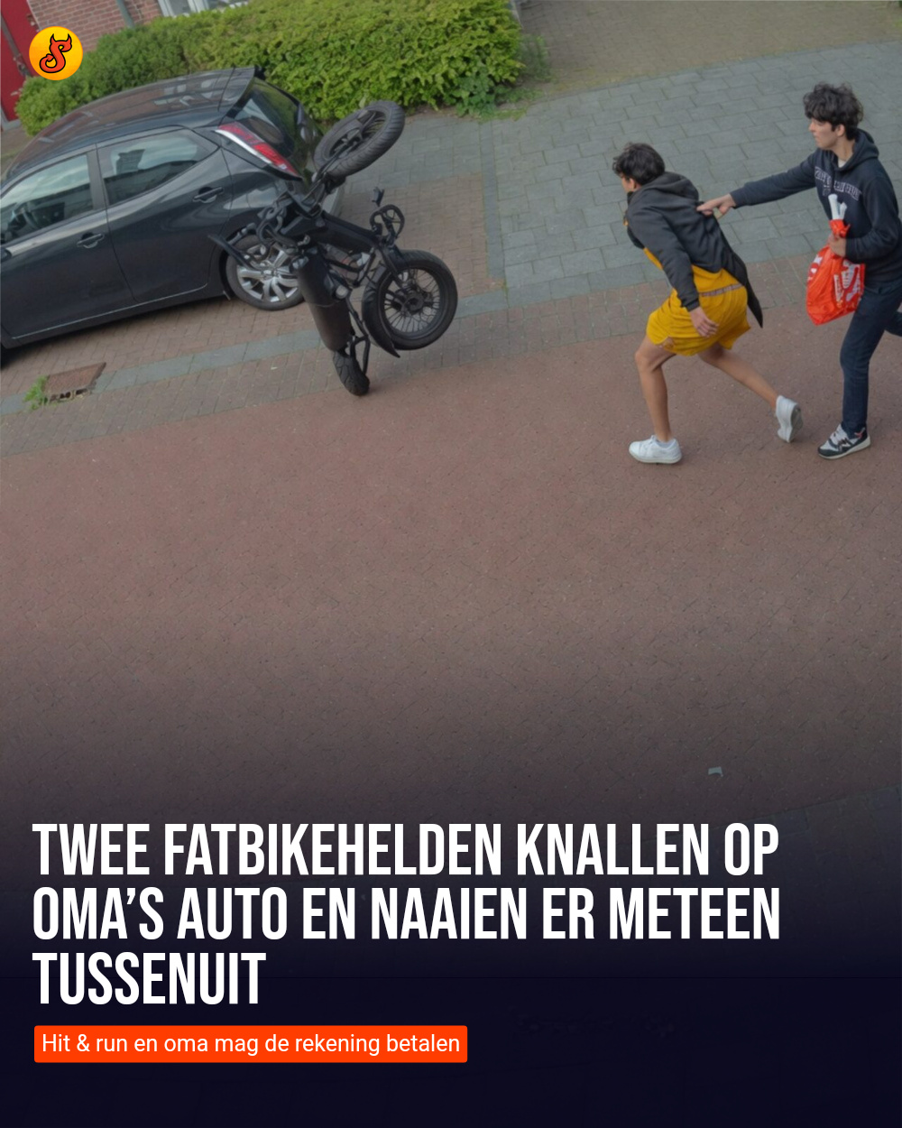 Twee fatbikehelden knallen op oma’s auto en naaien er meteen tussenuit