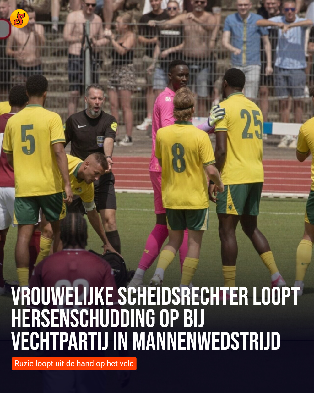 Vrouwelijke scheidsrechter loopt hersenschudding op bij vechtpartij in mannenwedstrijd