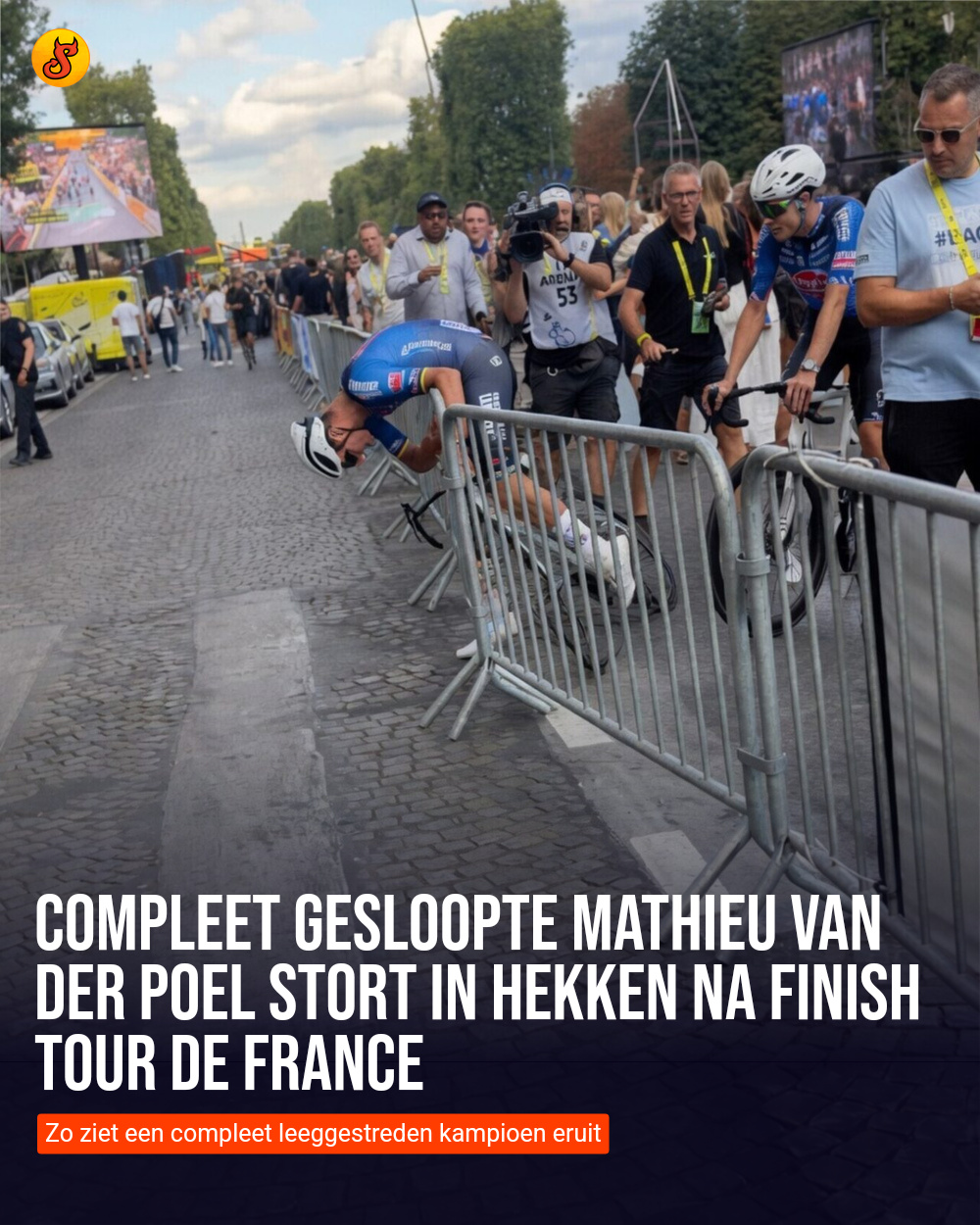 Compleet gesloopte Mathieu van der Poel stort in hekken na finish Tour de France