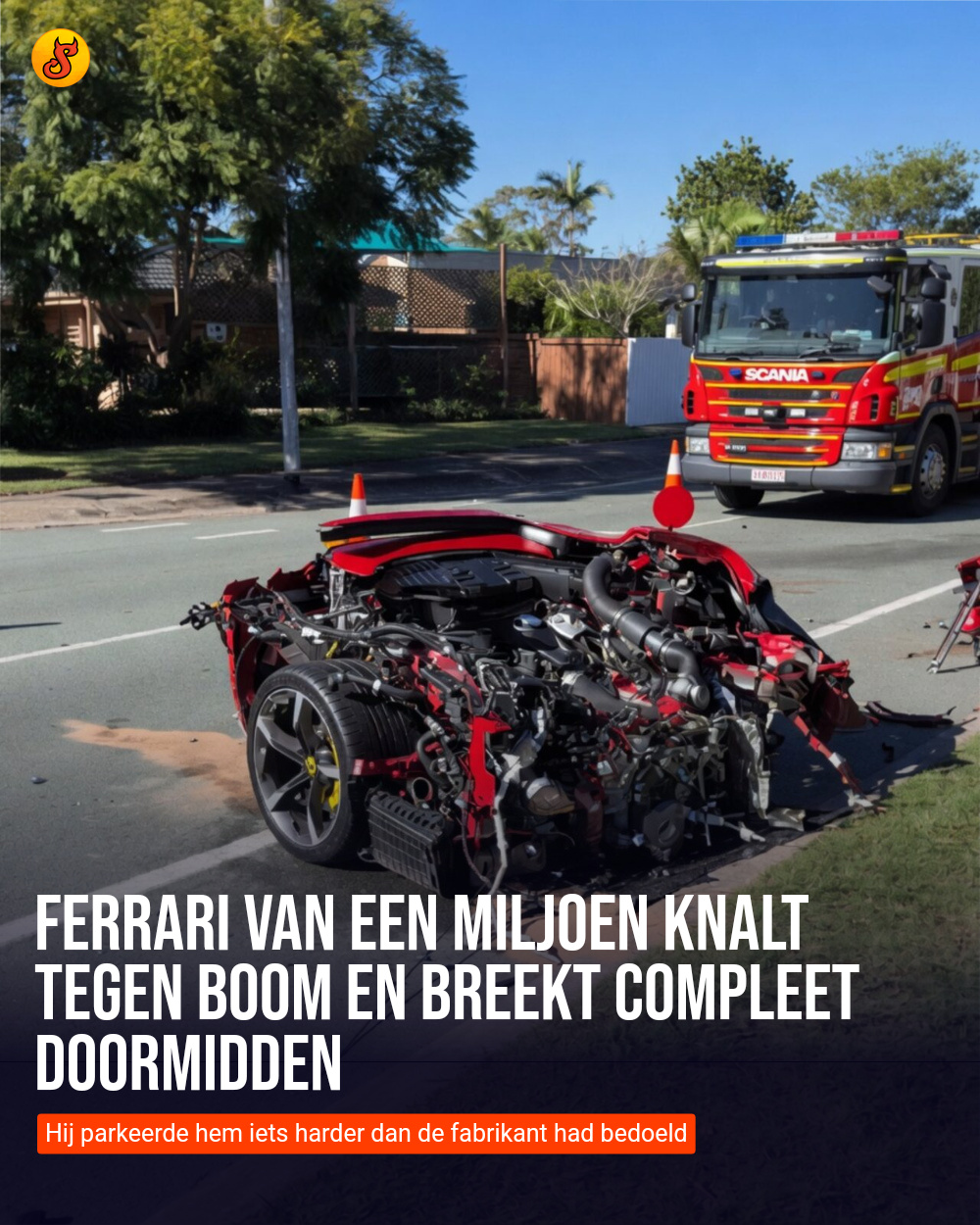 Ferrari van een miljoen knalt tegen boom en breekt compleet doormidden
