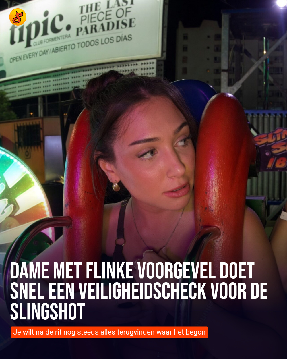 Dame met flinke voorgevel doet snel een veiligheidscheck voor de Slingshot