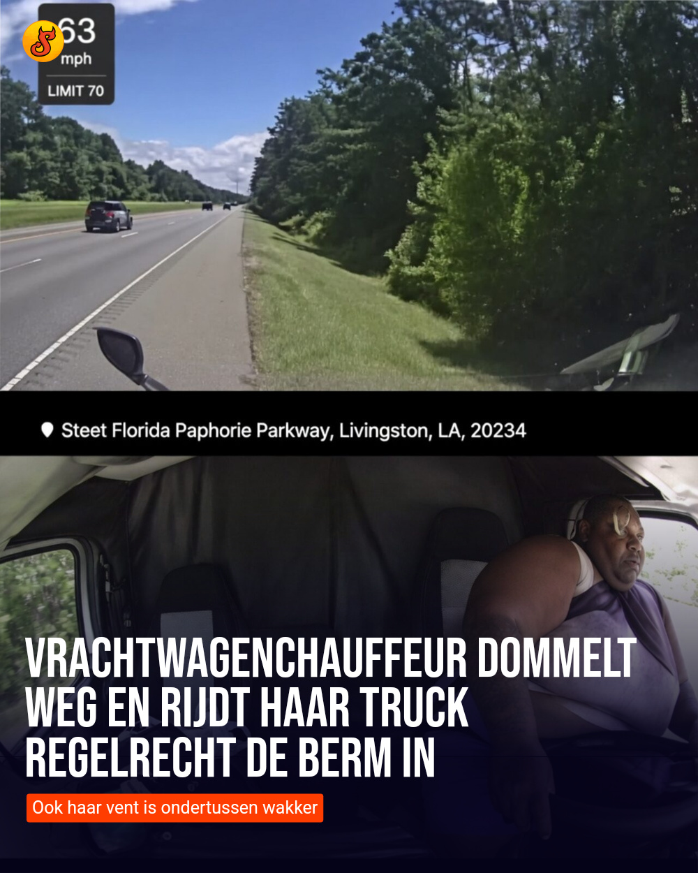 Vrachtwagenchauffeur dommelt weg en rijdt haar truck regelrecht de berm in
