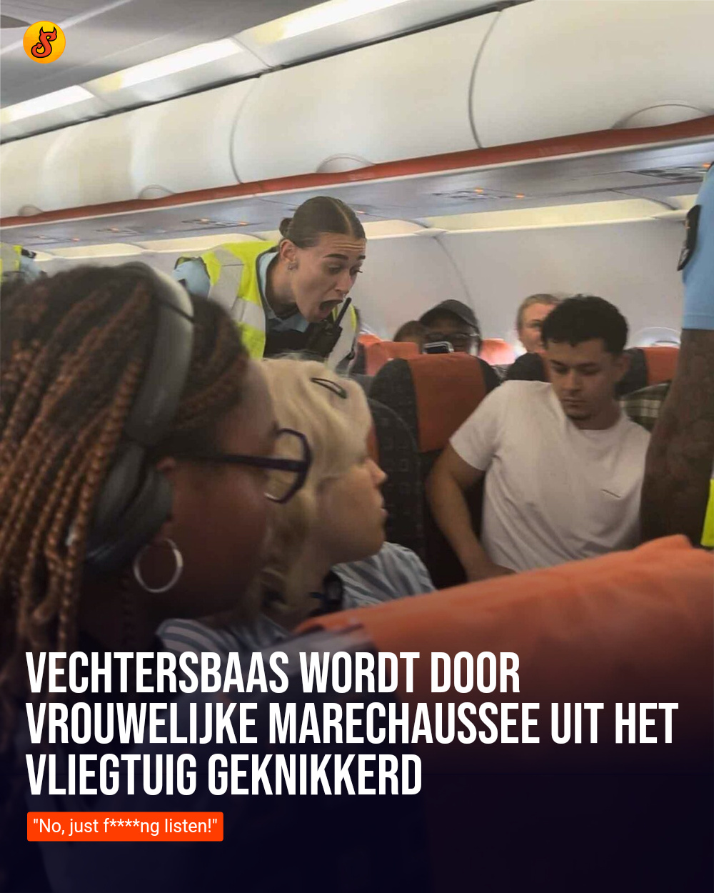 Vechtersbaas wordt door vrouwelijke marechaussee uit het vliegtuig geknikkerd