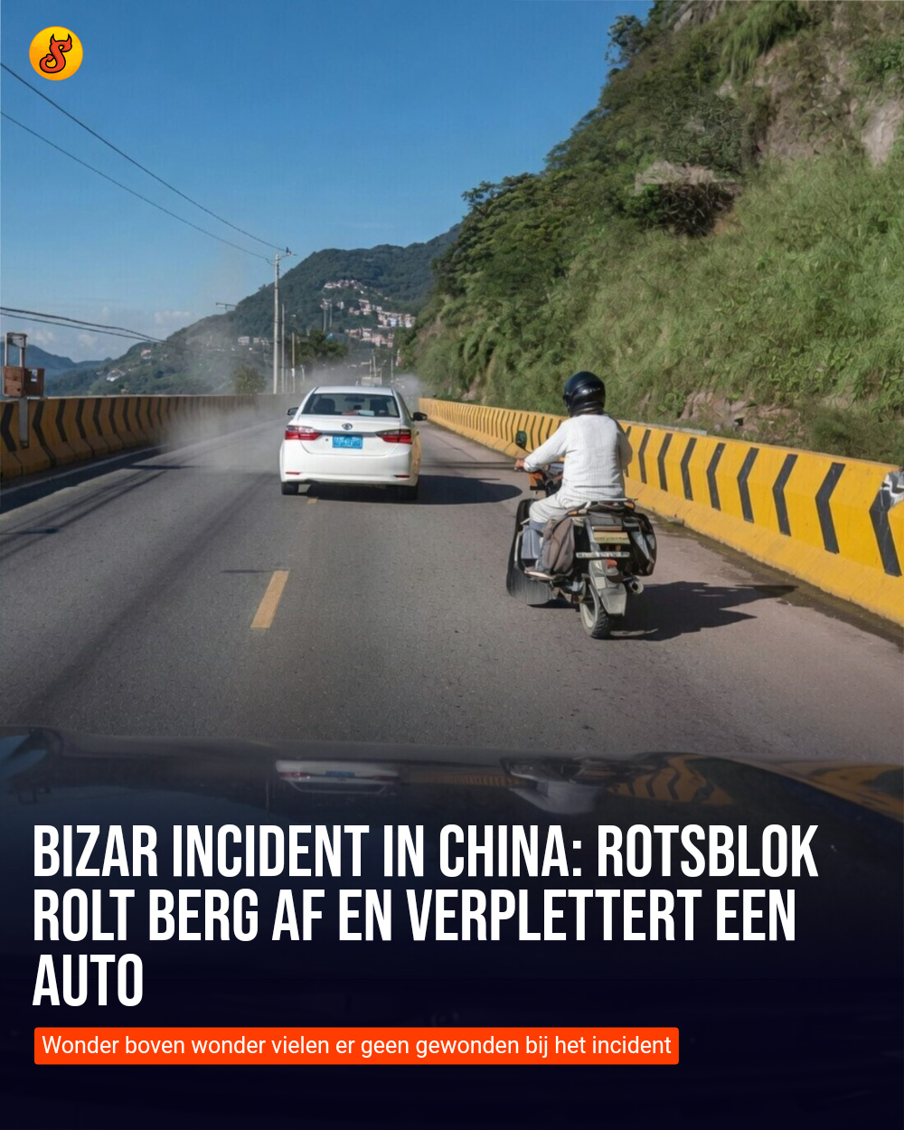 Bizar incident in China: Rotsblok rolt berg af en verplettert een auto