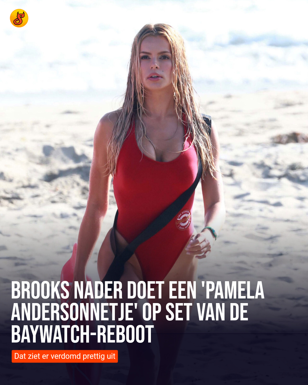 Brooks Nader doet een 'Pamela Andersonnetje' op set van de Baywatch-reboot