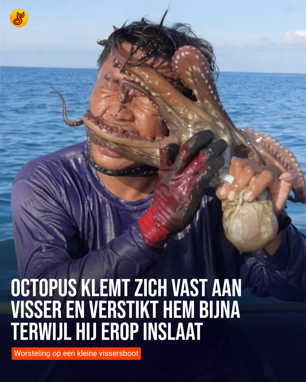Octopus klemt zich vast aan visser en verstikt hem bijna terwijl hij erop inslaat