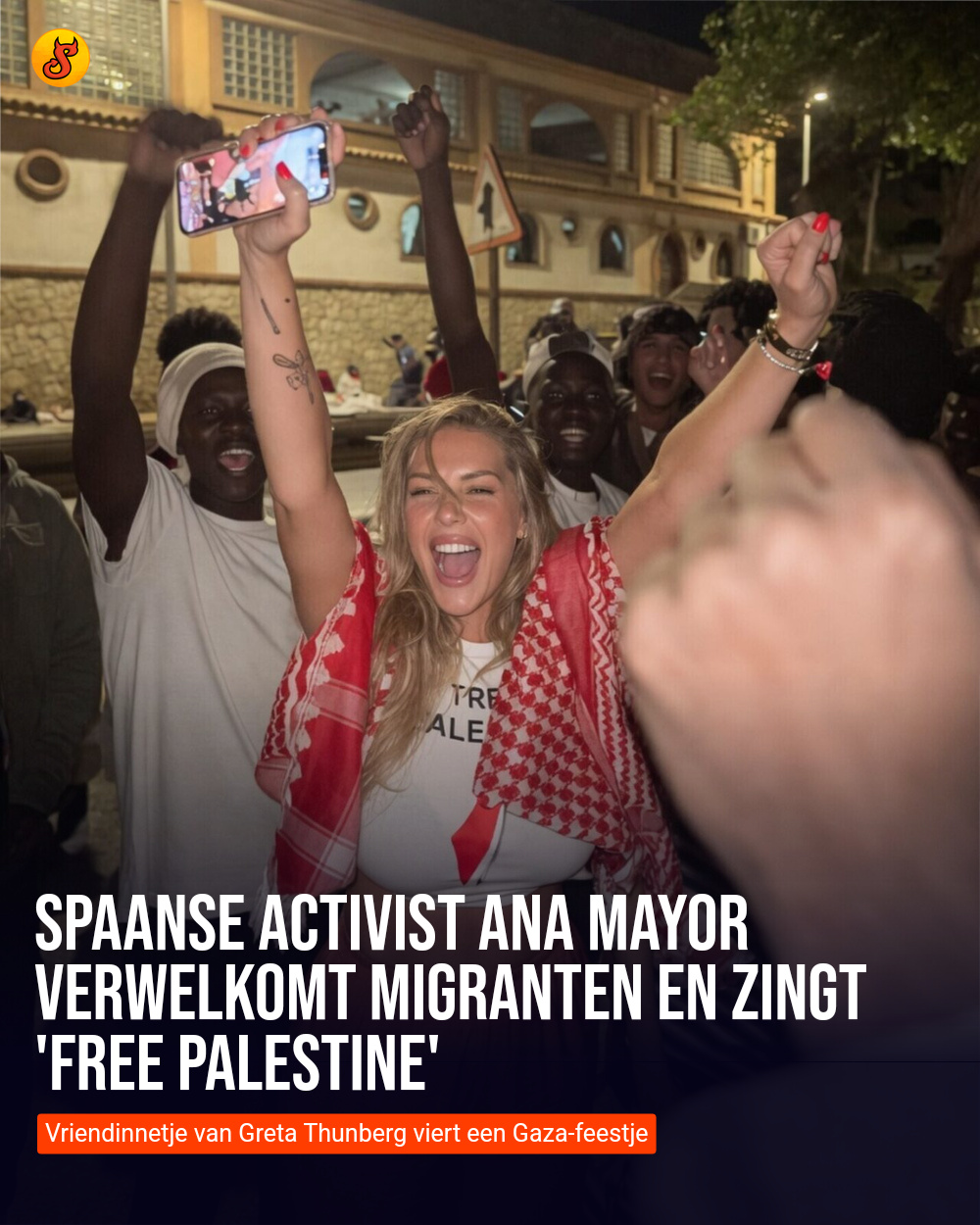 Spaanse activist Ana Mayor verwelkomt migranten en zingt 'Free Palestine'