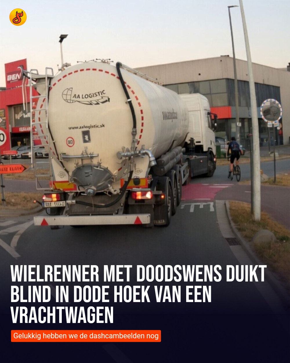 Wielrenner met doodswens duikt blind in dode hoek van een vrachtwagen