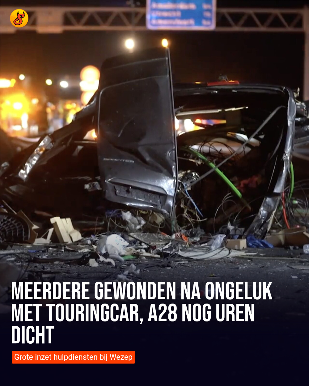 Meerdere gewonden na ongeluk met touringcar, A28 nog uren dicht