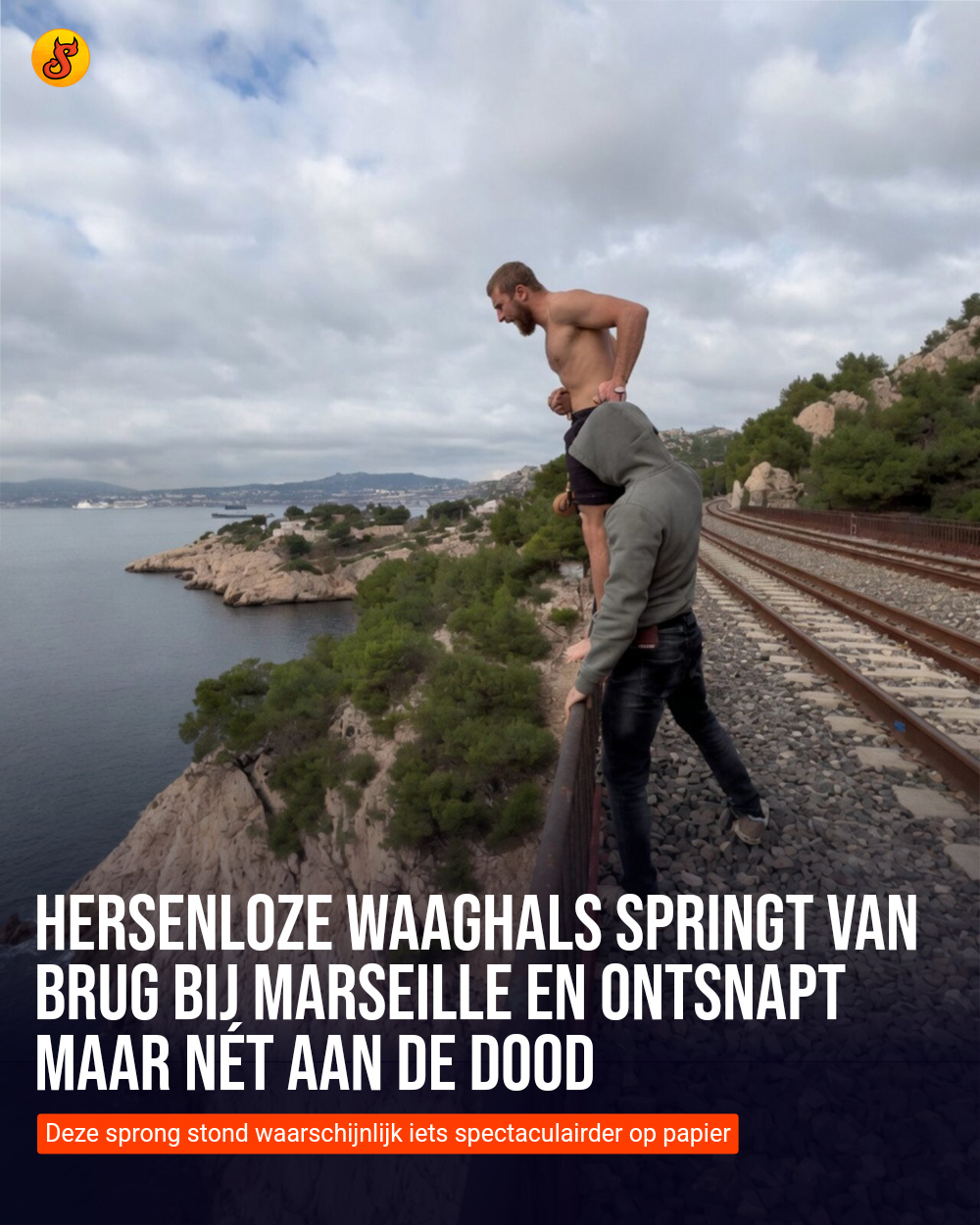 Hersenloze waaghals springt van brug bij Marseille en ontsnapt maar nét aan de dood