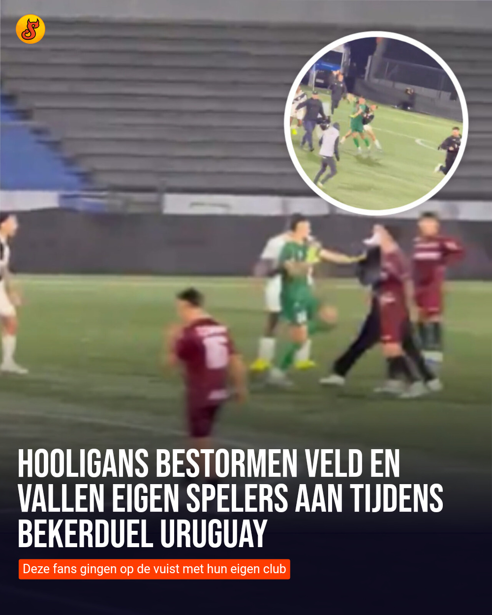 Hooligans bestormen veld en vallen eigen spelers aan tijdens bekerduel Uruguay