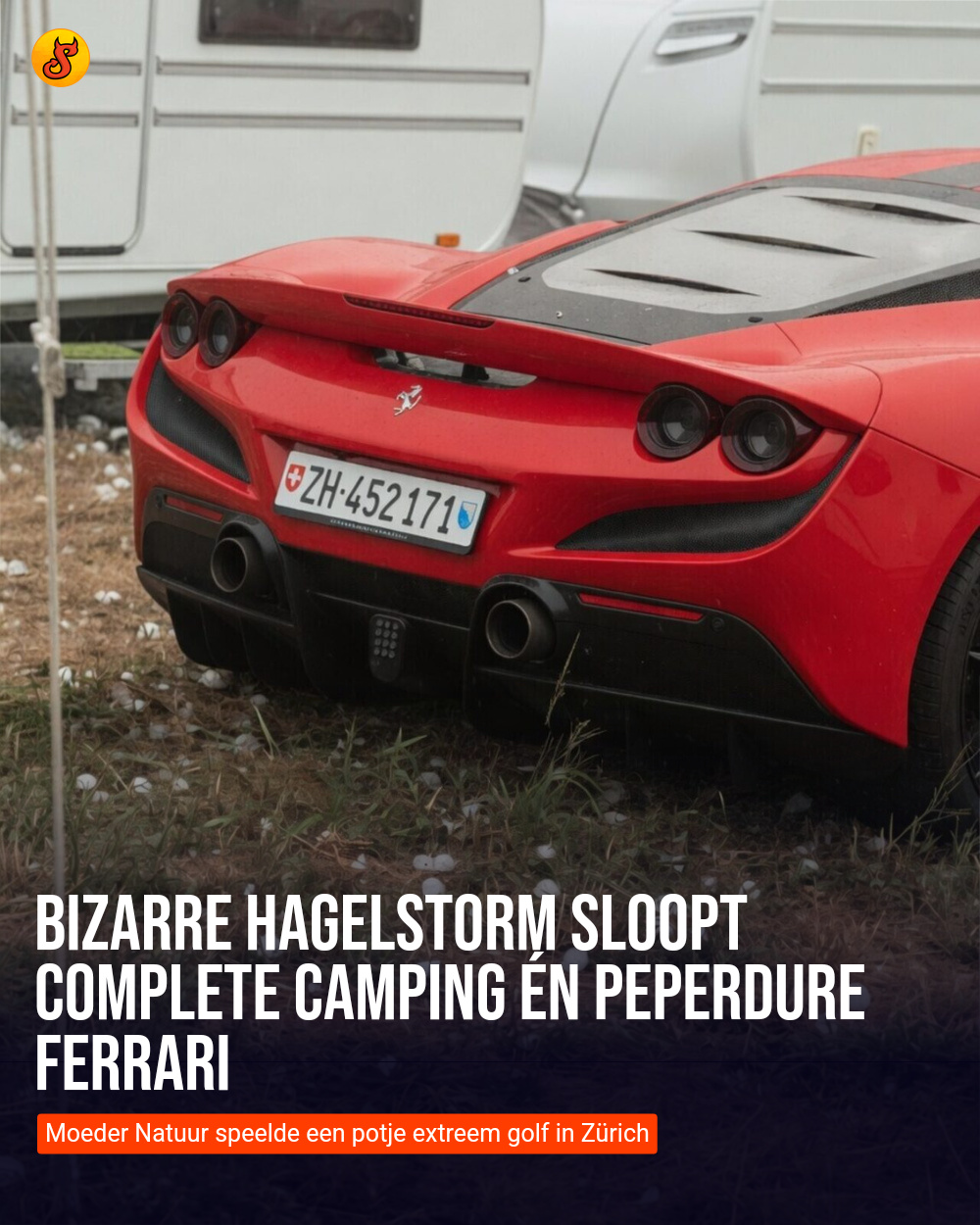 Bizarre hagelstorm sloopt complete camping én peperdure Ferrari
