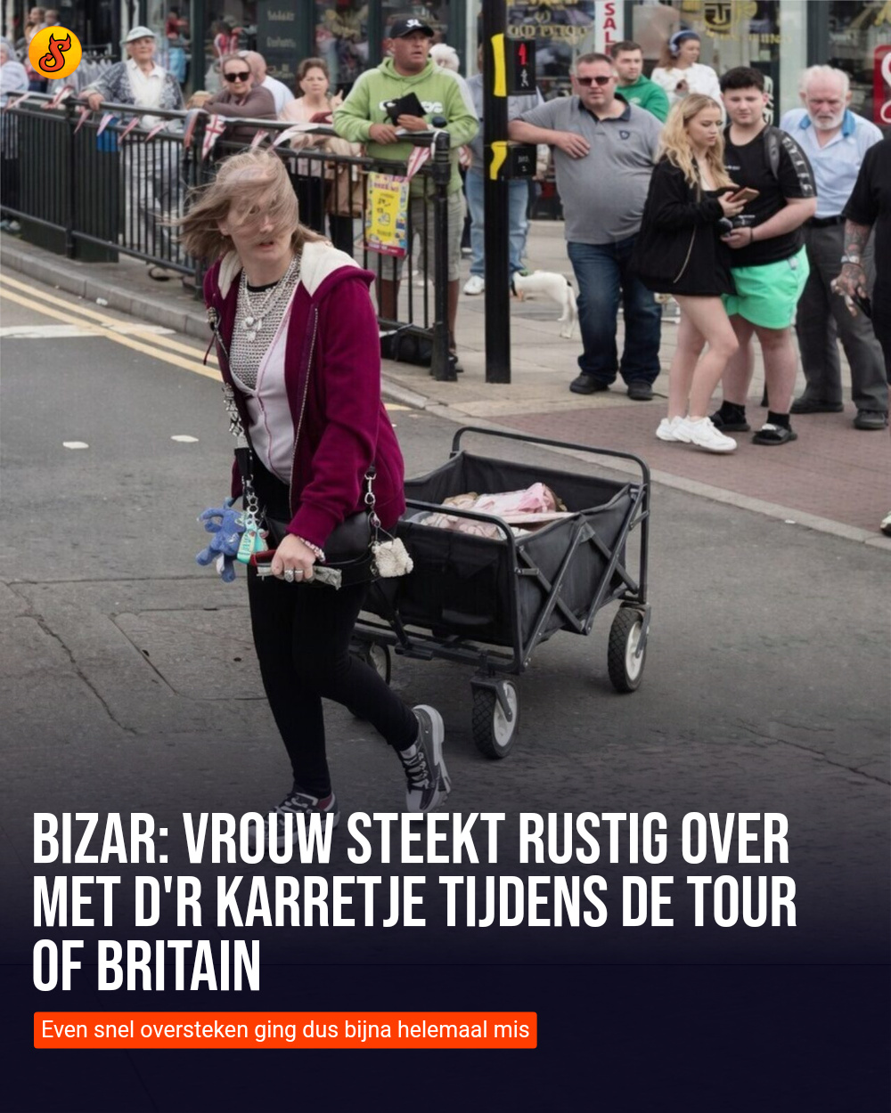 Bizar: Vrouw steekt rustig over met d'r karretje tijdens de Tour of Britain