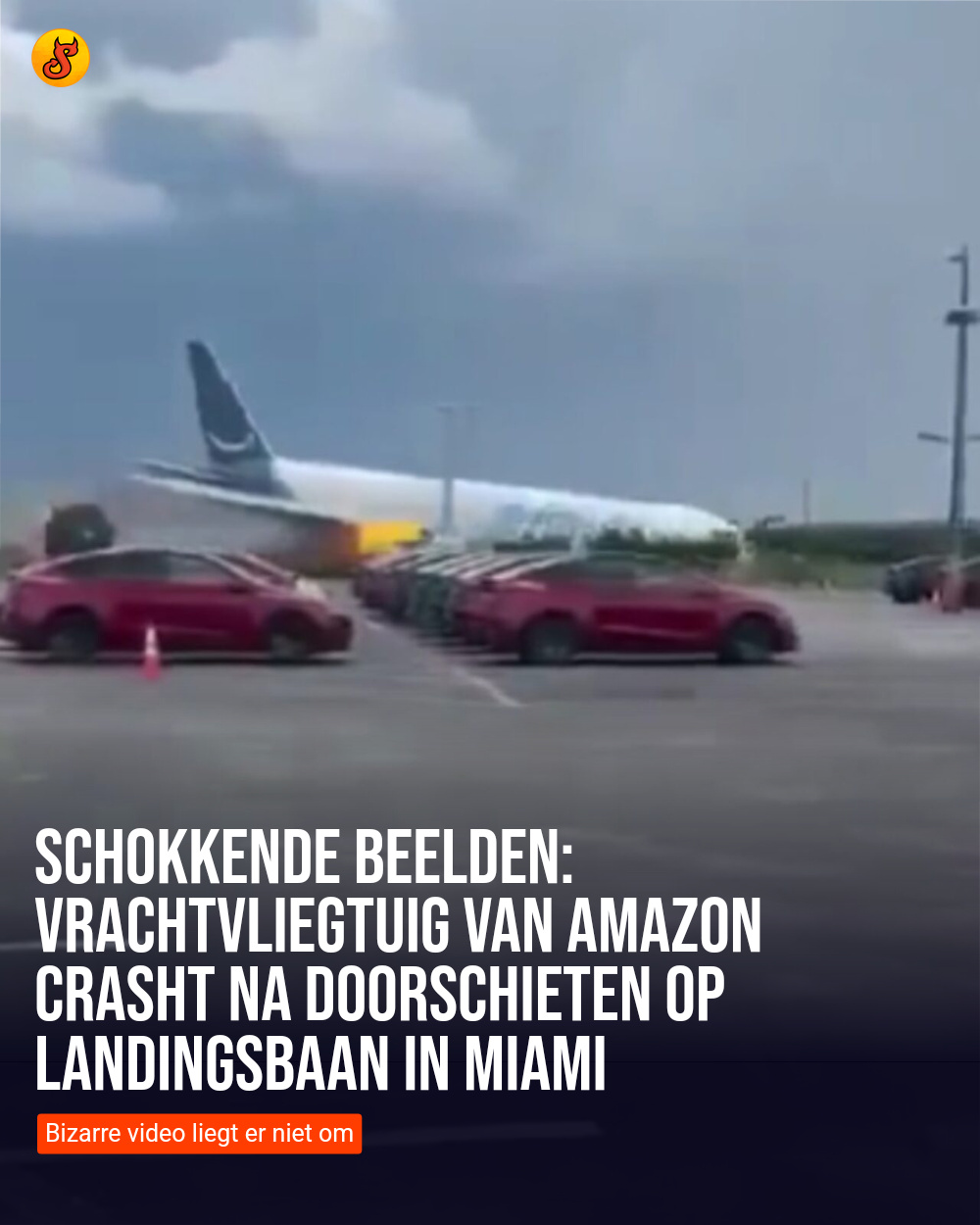 Schokkende beelden: Vrachtvliegtuig van Amazon crasht na doorschieten op landingsbaan in Miami