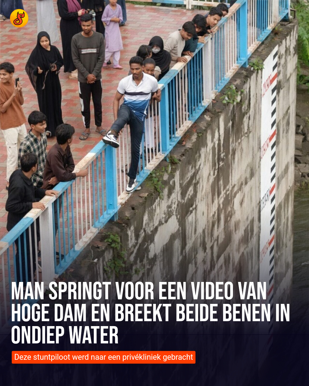 Man springt voor een video van hoge dam en breekt beide benen in ondiep water