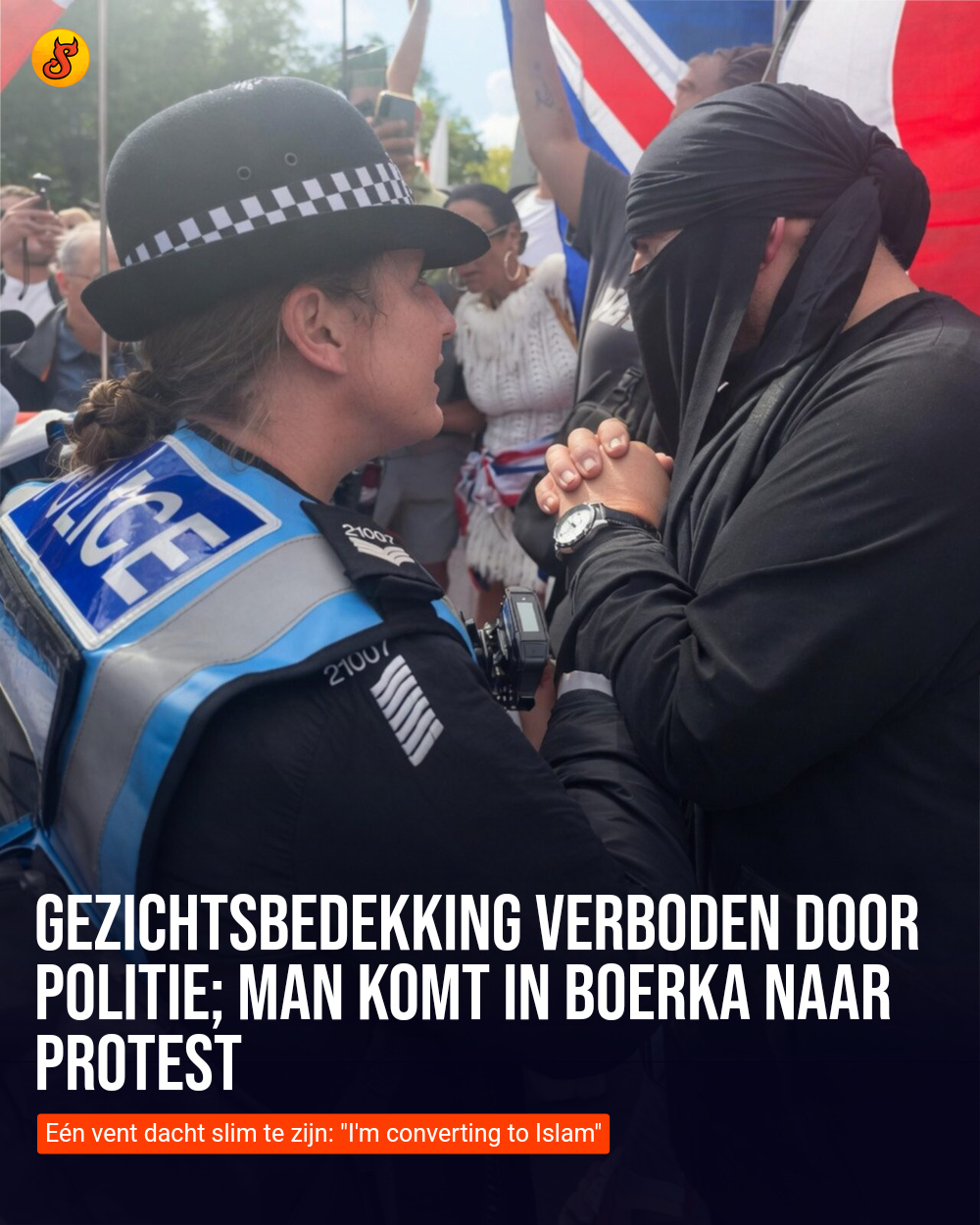 Gezichtsbedekking verboden door politie; man komt in boerka naar protest