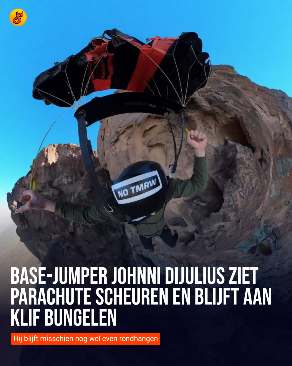 BASE-jumper Johnni DiJulius ziet parachute scheuren en blijft aan klif bungelen