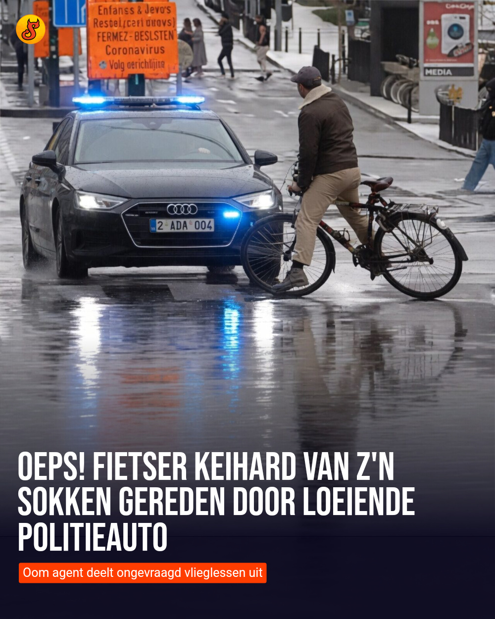 Oeps! Fietser keihard van z'n sokken gereden door loeiende politieauto