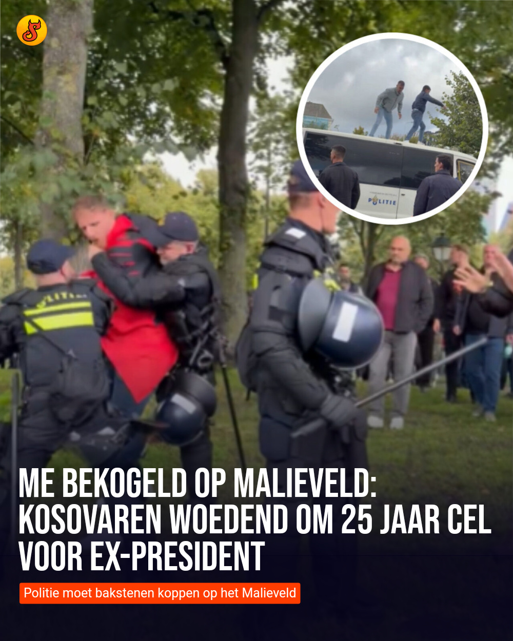 ME bekogeld op Malieveld: Kosovaren woedend om 25 jaar cel voor ex-president
