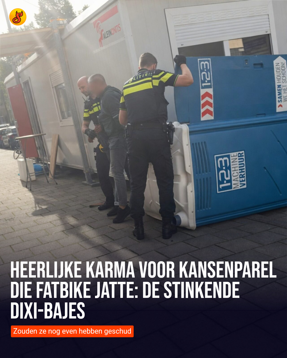 Heerlijke karma voor kansenparel die fatbike jatte: de stinkende dixi-bajes