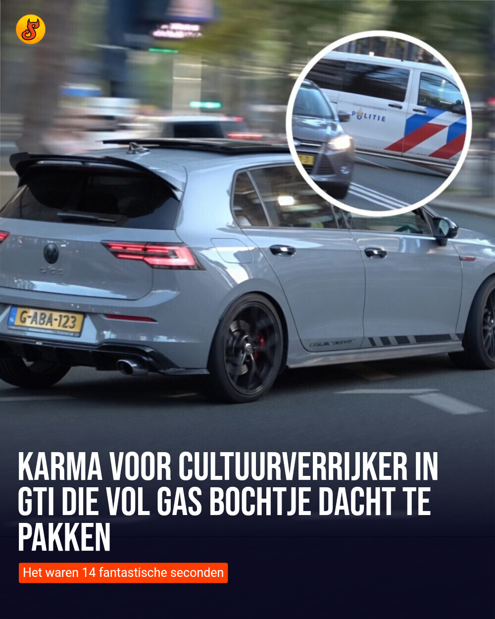Karma voor cultuurverrijker in GTI die vol gas bochtje dacht te pakken