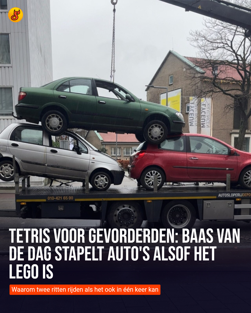 Tetris voor gevorderden: Baas van de dag stapelt auto's alsof het LEGO is