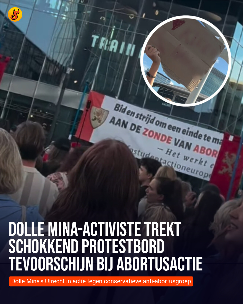 Dolle Mina-activiste trekt schokkend protestbord tevoorschijn bij abortusactie