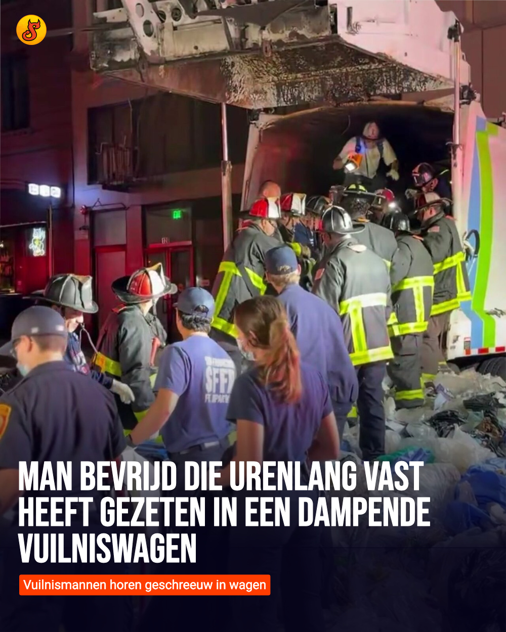 Man bevrijd die urenlang vast heeft gezeten in een dampende vuilniswagen
