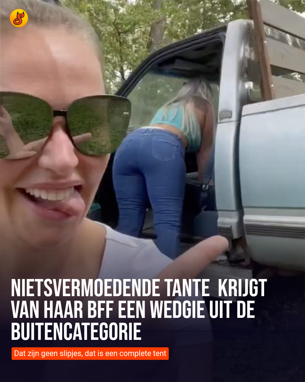 Nietsvermoedende tante  krijgt van haar BFF een wedgie uit de buitencategorie