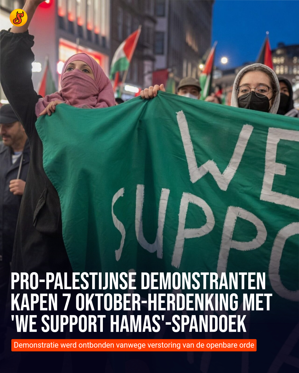 Pro-Palestijnse demonstranten kapen 7 oktober-herdenking met 'We support Hamas'-spandoek