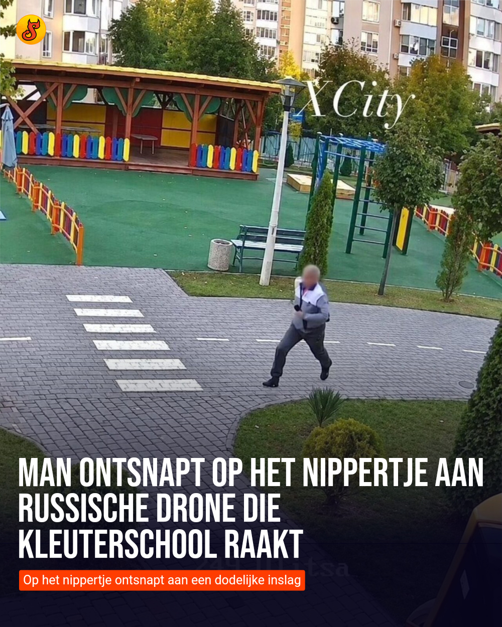 Man ontsnapt op het nippertje aan Russische drone die kleuterschool raakt