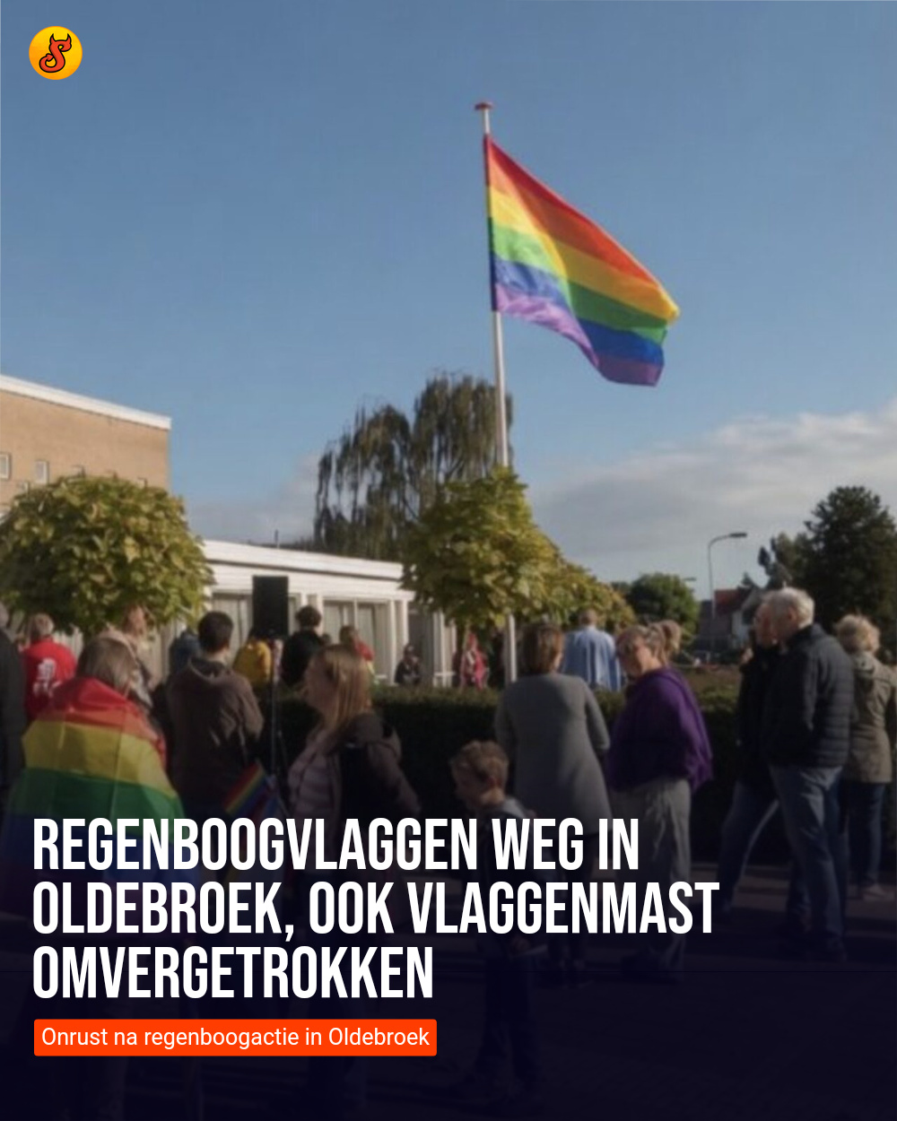 Regenboogvlaggen weg in Oldebroek, ook vlaggenmast omvergetrokken