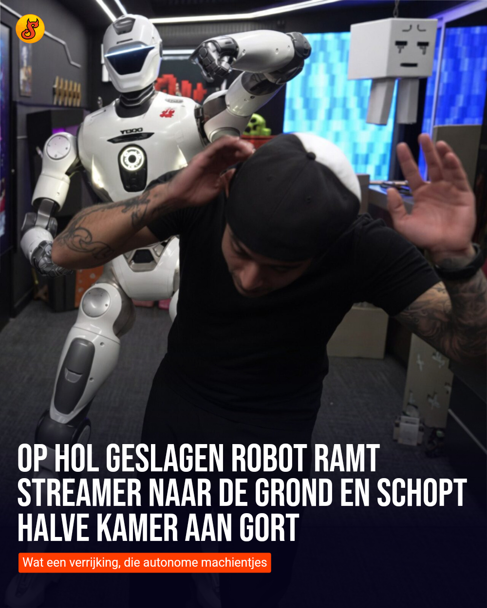 Op hol geslagen robot ramt streamer naar de grond en schopt halve kamer aan gort