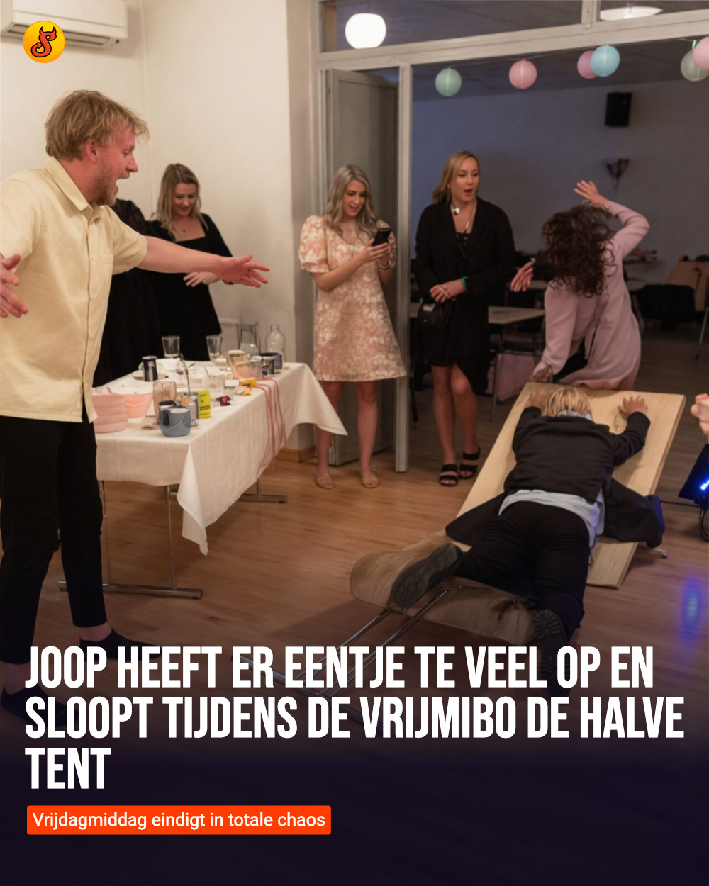 Joop heeft er eentje te veel op en sloopt tijdens de VrijMiBo de halve tent