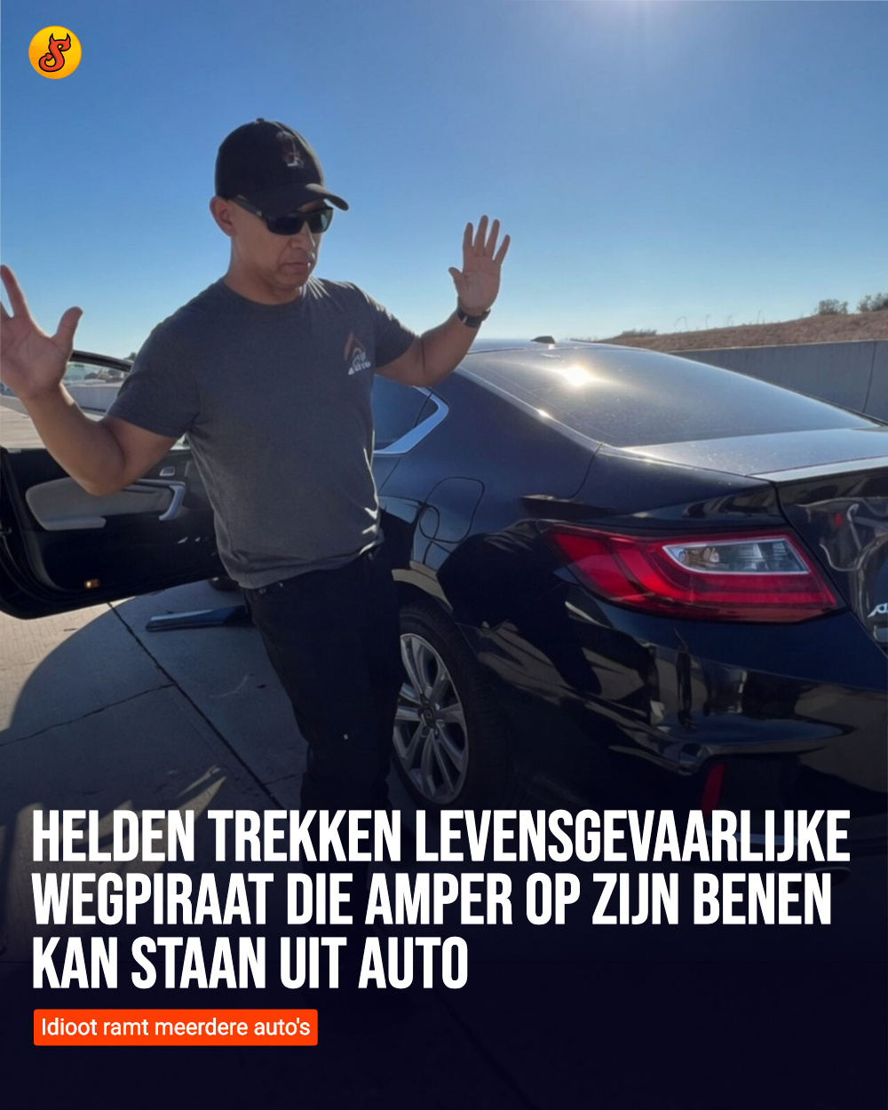Helden trekken levensgevaarlijke wegpiraat die amper op zijn benen kan staan uit auto